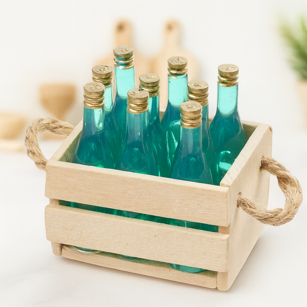 Miniatur Weinkiste 4cm aus Holz mit Kunststoffflaschen – Zubehör für Wichtelwelt, Puppenhaus & Diorama