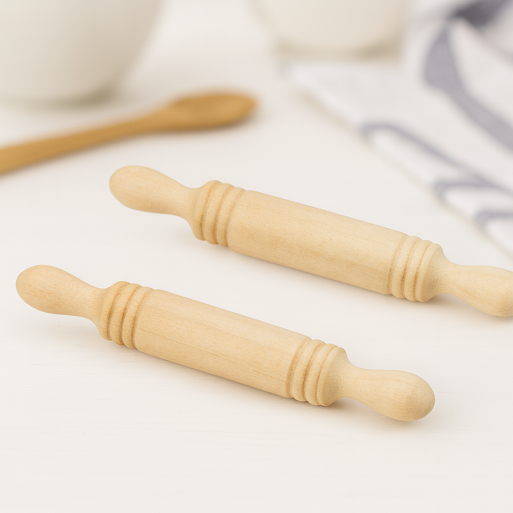 Miniatur Nudelholz 2er Set aus Holz, 4,5cm – Zubehör für Wichtelwelt, Puppenhaus und Diorama