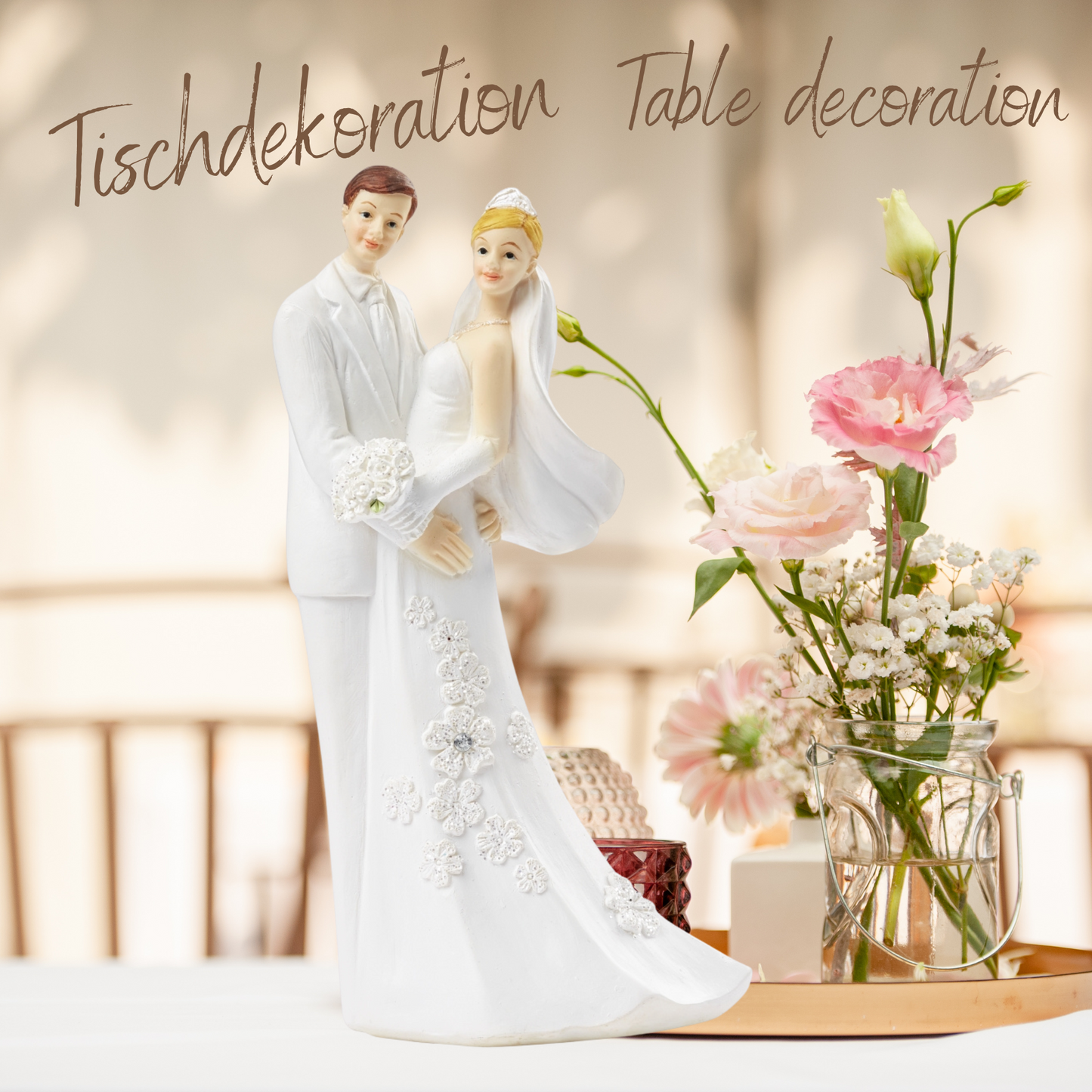 Dekofigur Hochzeitspaar Weiß mit weißen Rosen, 13,5 cm hoch