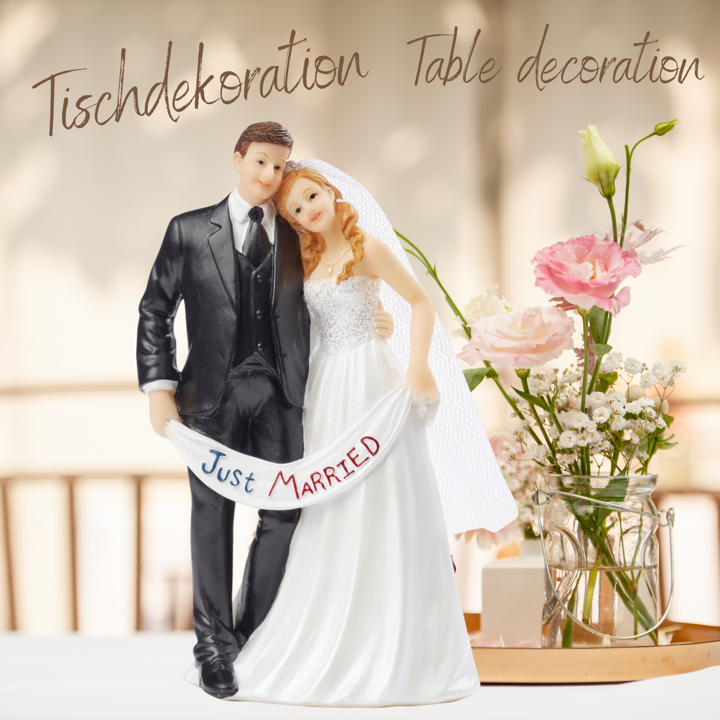 Dekofigur Hochzeitspaar weiß-schwarz mit „Just Married“-Banner, 13,5 cm hoch