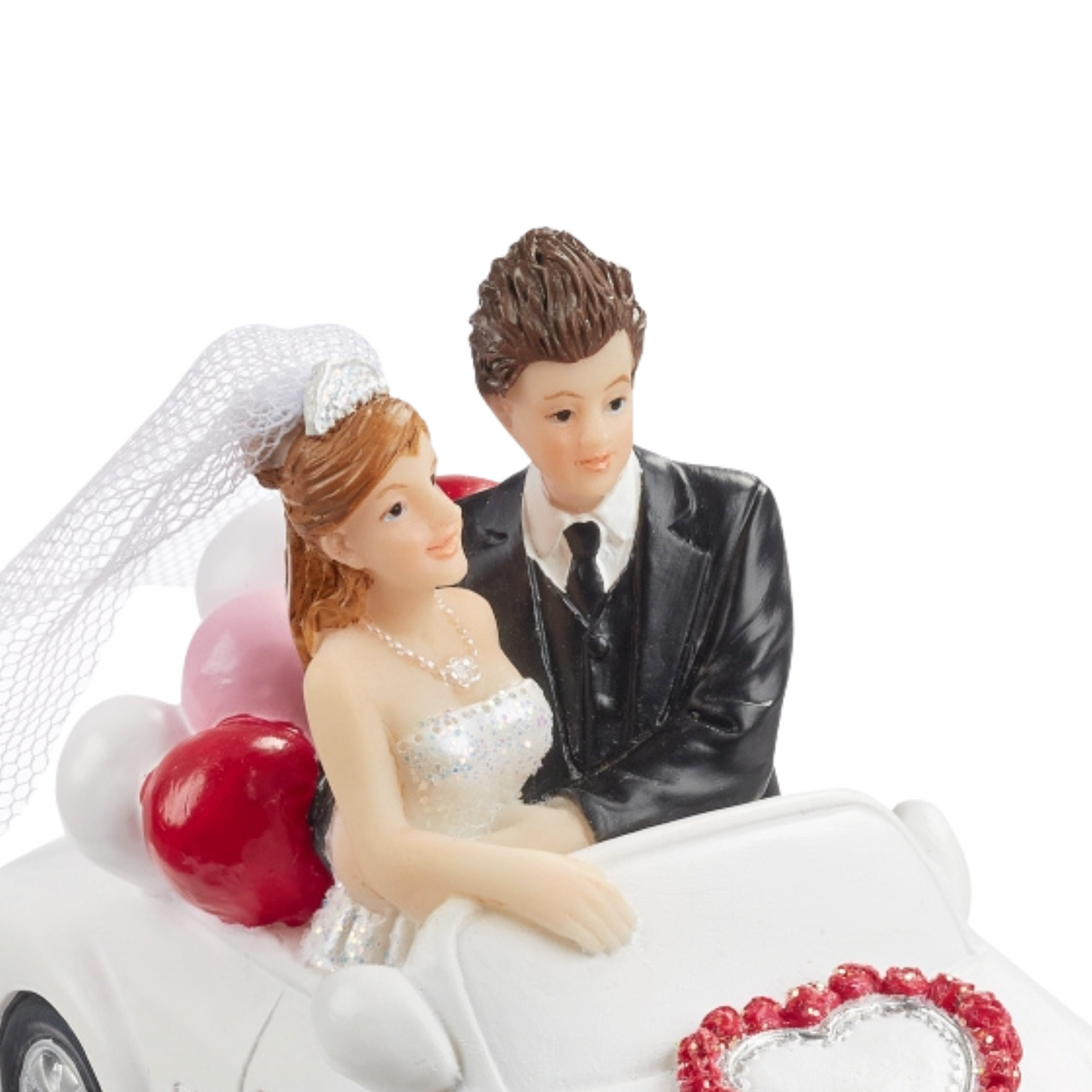 Dekofigur Hochzeitspaar im Hochzeitsauto, 10 x 5,5 cm, weiß-schwarz