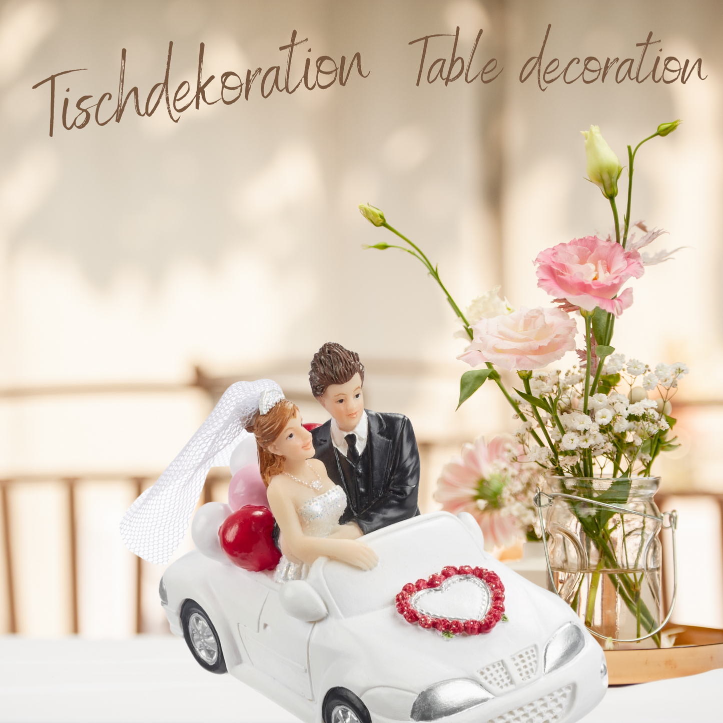 Dekofigur Hochzeitspaar im Hochzeitsauto, 10 x 5,5 cm, weiß-schwarz
