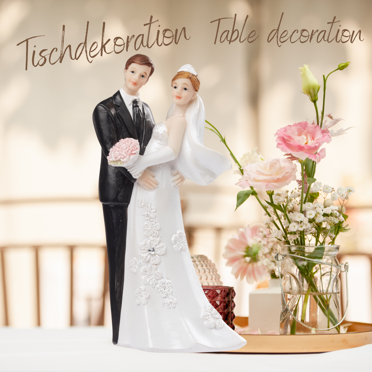Dekofigur Hochzeitspaar weiß-schwarz mit rosa Rosen, 12 cm hoch