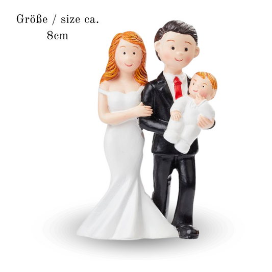 – Hochzeitsfigur Brautpaar mit Baby aus Polyresin 8 cm
– Tortenfigur Hochzeit mit Kind – Dekofigur Braut und Bräutigam
– Braut in Weiß, Bräutigam in Schwarz hält Baby – Hochzeitsdeko
– Dekofigur Familie zur Hochzeit – liebevolles Detail 8 cm
– Handbemalte Hochzeitsfigur mit Baby als Tortenaufsatz
