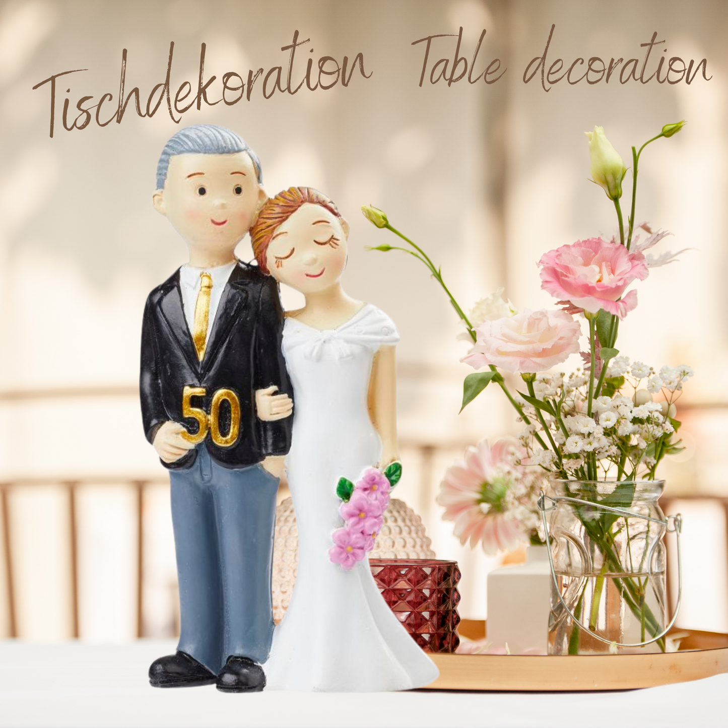 Dekofigur Goldpaar mit goldener Zahl „50“, 8,4 cm hoch – zur Goldenen Hochzeit