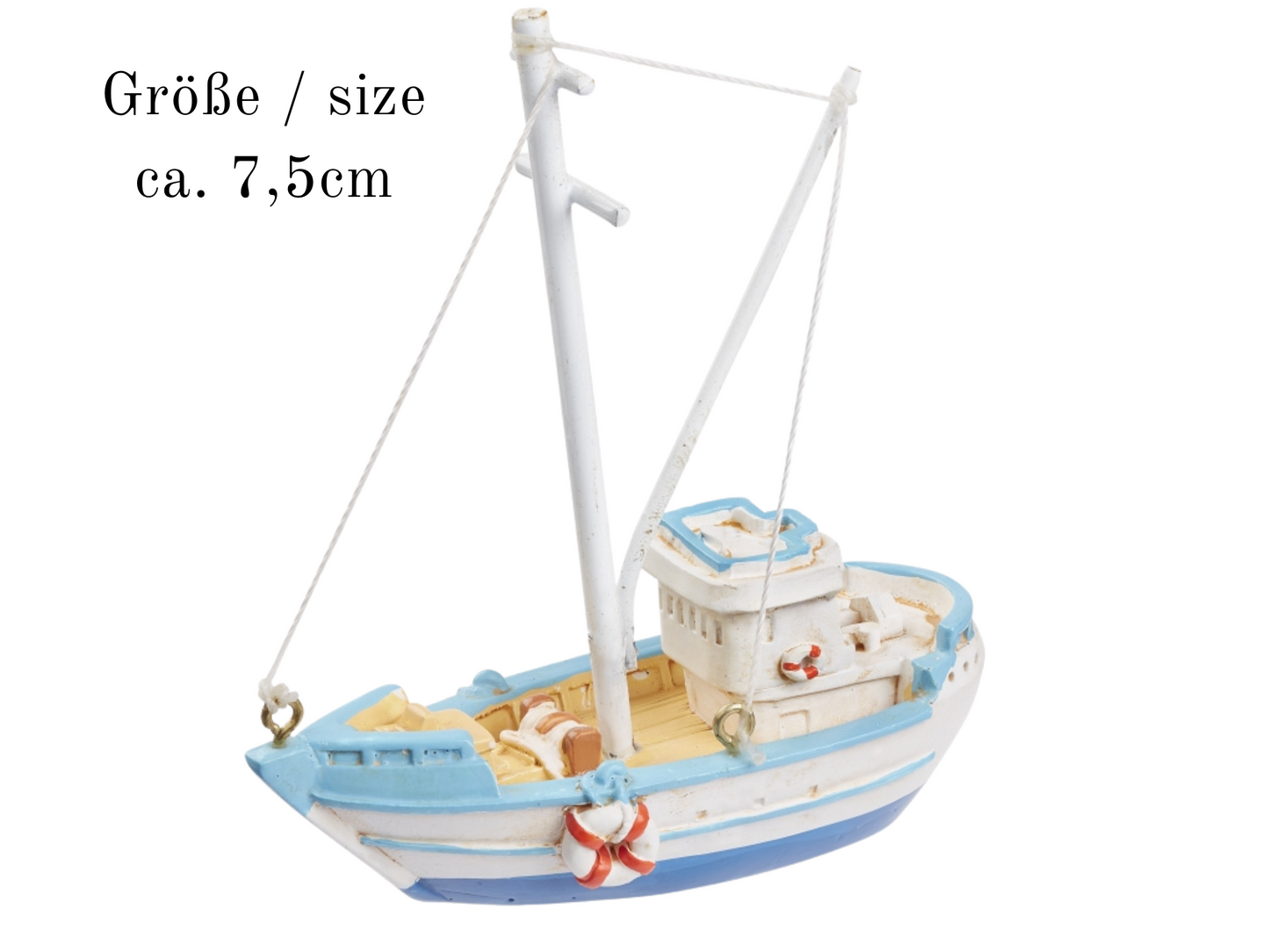 Miniatur Fischerboot 7,5cm , Maritime Dekoration , Mini Dekofigur Boot blau weiß
