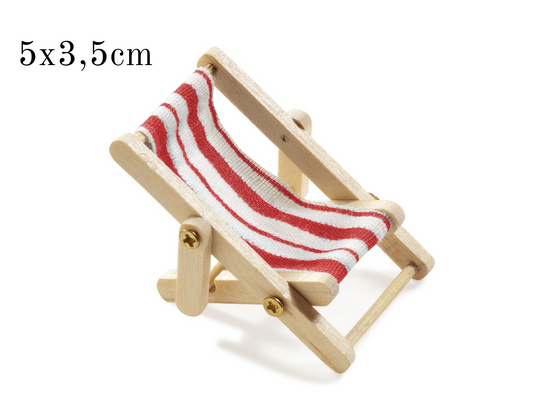 Miniatur Liegestuhl natur weiß rot 5x3,5cm , Maritime Strandliege Dekoration , Mini Dekofigur Stuhl