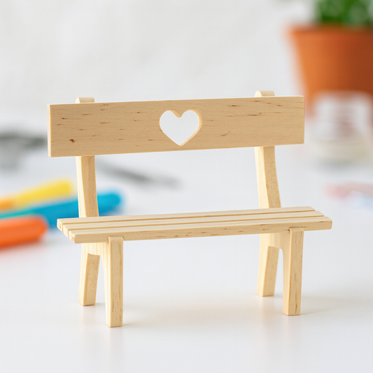 Miniatur Bank mit Herz aus Holz natur 13x6x8,5cm – Wichtel Zubehör, Puppenhaus, Diorama