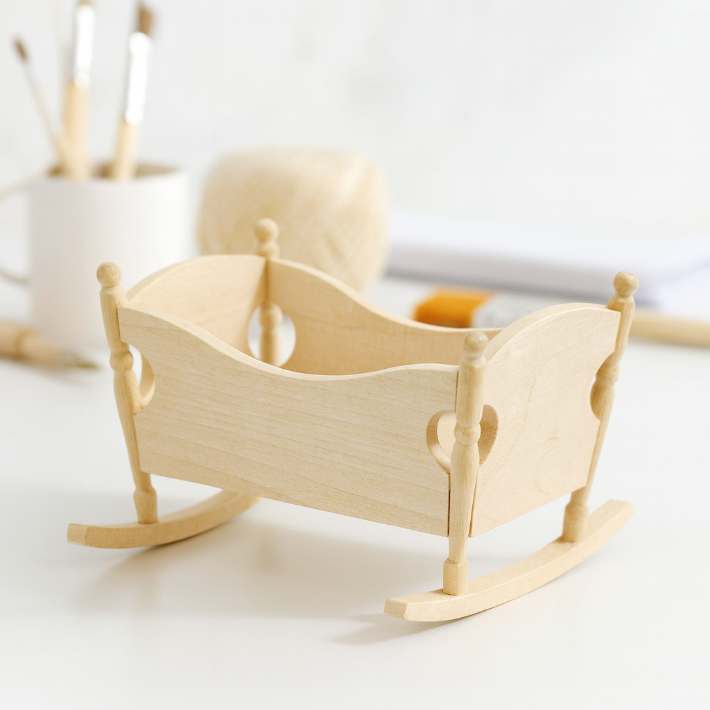 Miniatur Babywiege aus Holz natur 8x7x5,5cm – Zubehör für Puppenhaus, Wichtelwelt und Modellbau