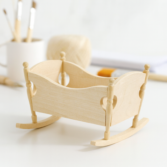 Miniatur Babywiege aus Holz natur 8x7x5,5cm – Zubehör für Puppenhaus, Wichtelwelt und Modellbau