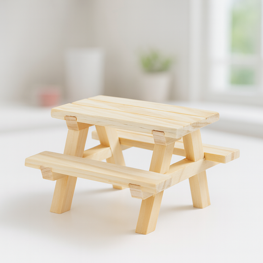 Miniatur Tisch mit Bänken aus Holz natur, 8x8x5,5 cm – Wichtel Zubehör für Puppenhaus, Diorama und Weihnachten