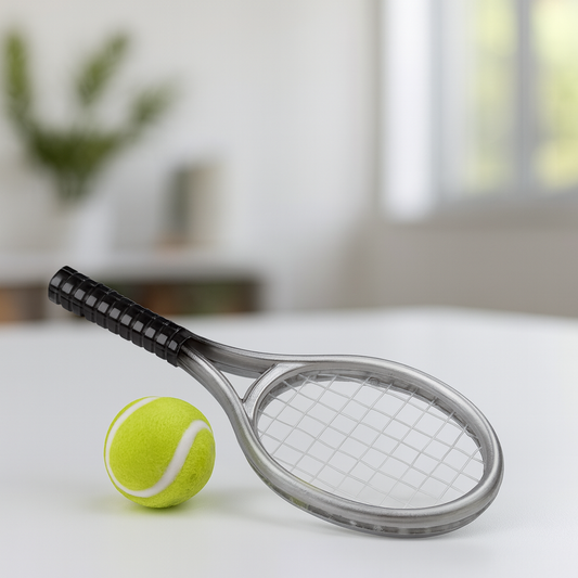Miniatur Tennisschläger mit Ball, ca. 9cm aus Kunststoff – Zubehör für Puppenhaus, Diorama, Modellbau und Wichtelwelt