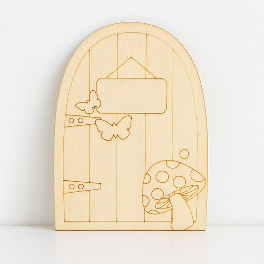 Wichteltür aus Holz 6,5x10 cm – Miniatur Tür mit Schmetterlingen und Pilz für Puppenhaus, Wichtelwelt & Weihnachten