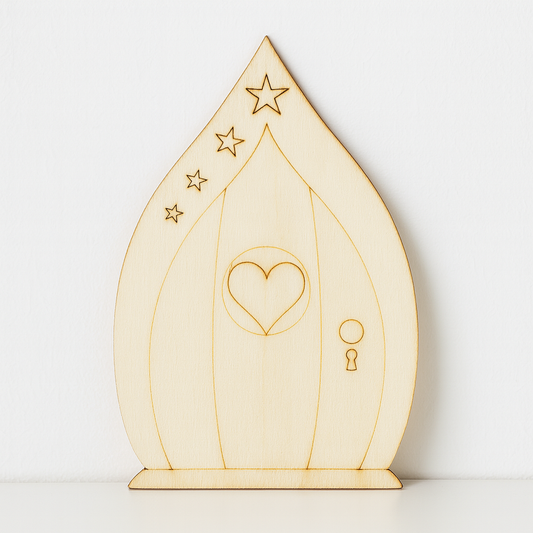 Wichteltür aus Holz 6,4x10 cm – Miniatur Tür mit Sternen & Herz für Puppenhaus, Wichtelwelt & Weihnachten