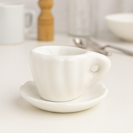 Miniatur Kaffeetasse weiß, ca. 1,8cm aus Keramik mit Unterteller – Zubehör für Puppenhaus, Diorama und Wichtelwelt