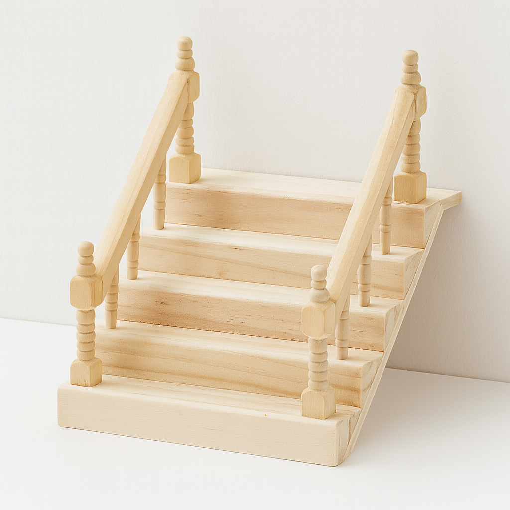Wichtel Treppe aus Holz mit Handlauf, 10,5 cm breit – Miniatur Zubehör für Wichtelwelt, Puppenhaus, Modellbau und Weihnachten