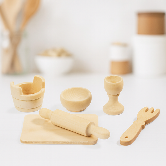 Miniatur Backset 6-teilig aus Holz natur für Wichtelwelt, Puppenhaus und Weihnachten.