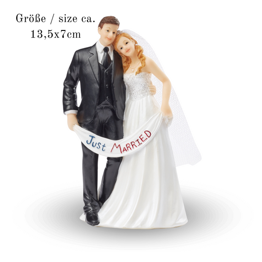Dekofigur Hochzeitspaar weiß-schwarz mit „Just Married“-Banner, 13,5 cm hoch