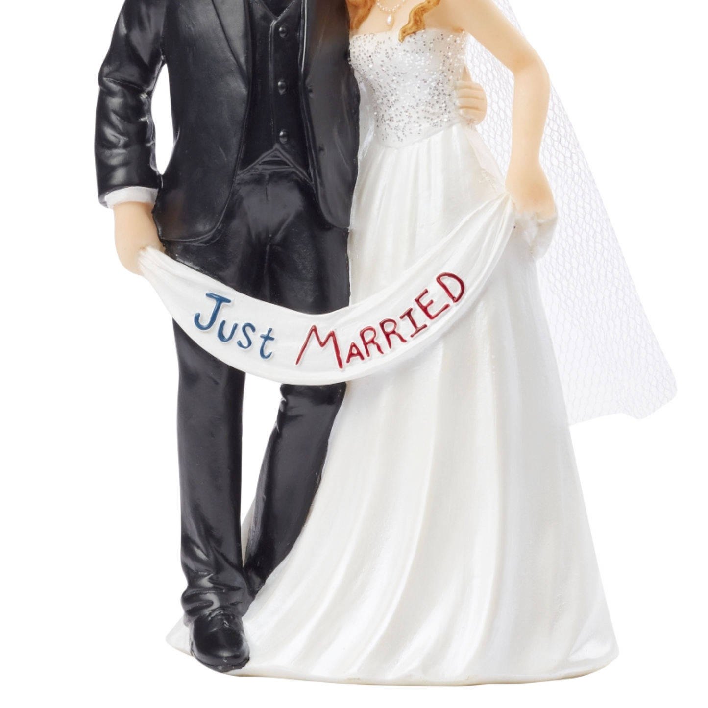 Dekofigur Hochzeitspaar weiß-schwarz mit „Just Married“-Banner, 13,5 cm hoch
