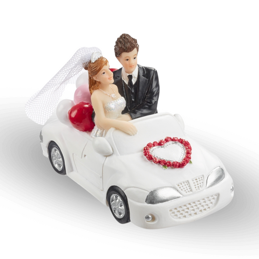 Dekofigur Hochzeitspaar im Hochzeitsauto, 10 x 5,5 cm, weiß-schwarz