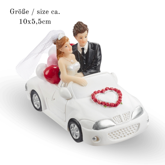 Dekofigur Hochzeitspaar im Hochzeitsauto, 10 x 5,5 cm, weiß-schwarz