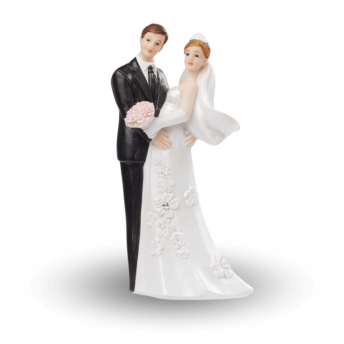 Dekofigur Hochzeitspaar weiß-schwarz mit rosa Rosen, 12 cm hoch