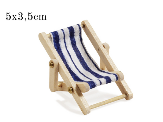 Miniatur Liegestuhl natur weiß blau 5x3,5cm , Maritime Strandliege Dekoration , Mini Dekofigur Stuhl