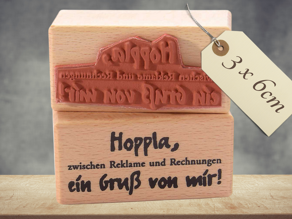 Stempel Hoppla, zwischen Reklame und Rechnungen ein Gruß von mir Schriftzug